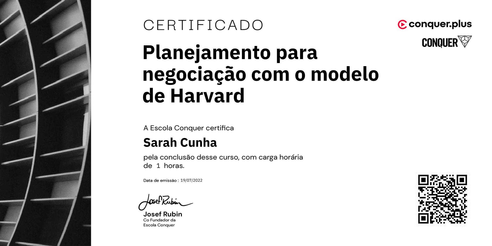 Certificado de Planejamento para negociação com o modelo de Harvard